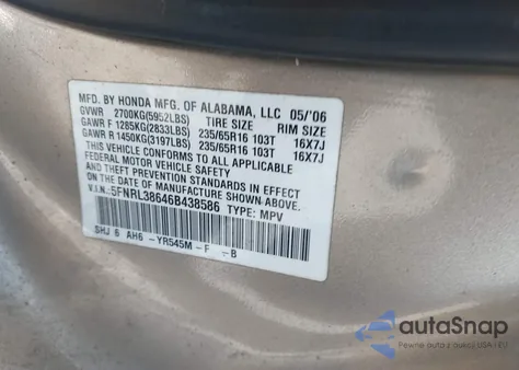 2006 Honda Odyssey Ex-L z USA, uszkodzony, nr VIN 5FNRL38646B438586